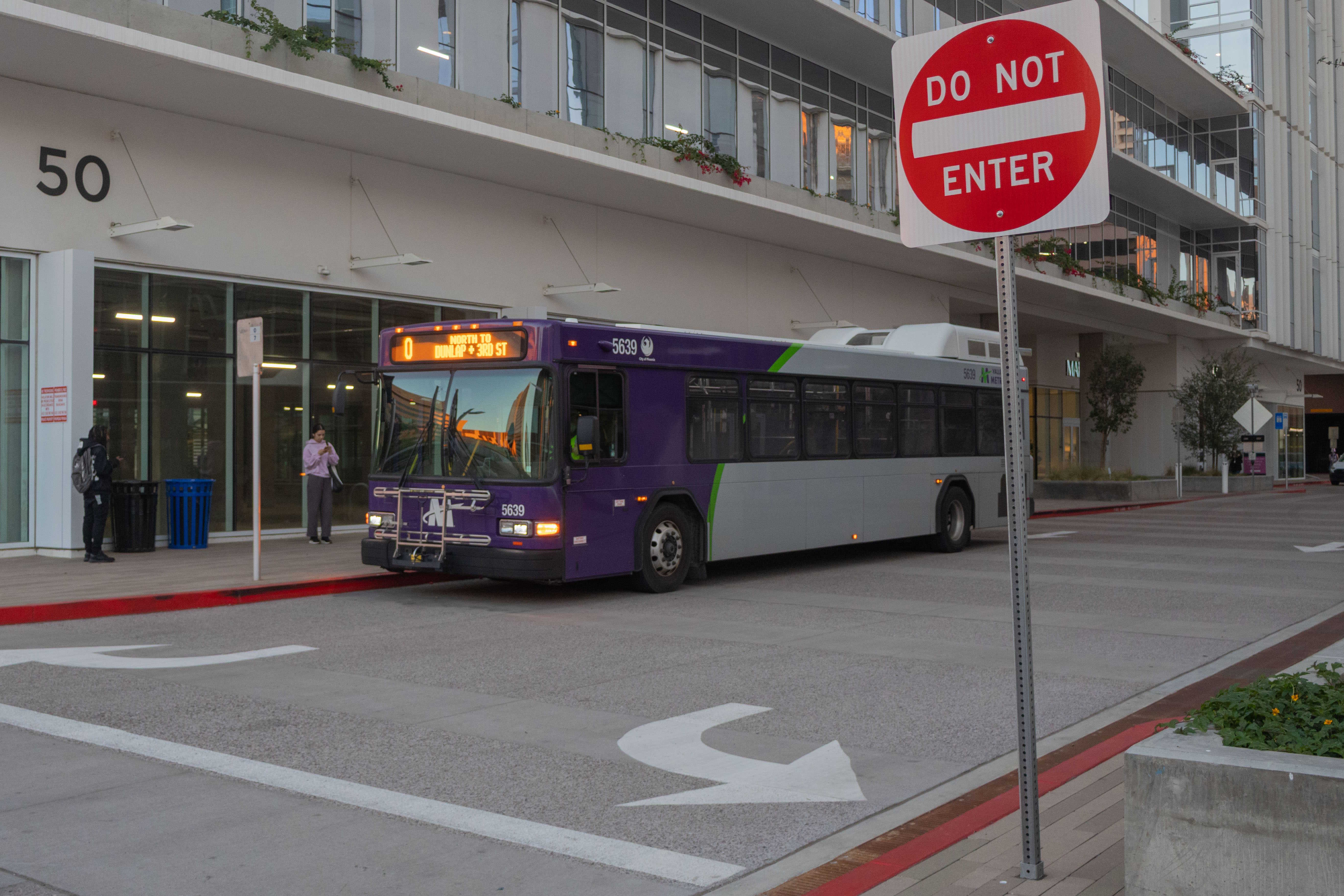 A purple and gray Valley Metro bus, number 5639, at Greg Stanton Central Station in Phoenix on route 0 to Dunlap and 3rd Street