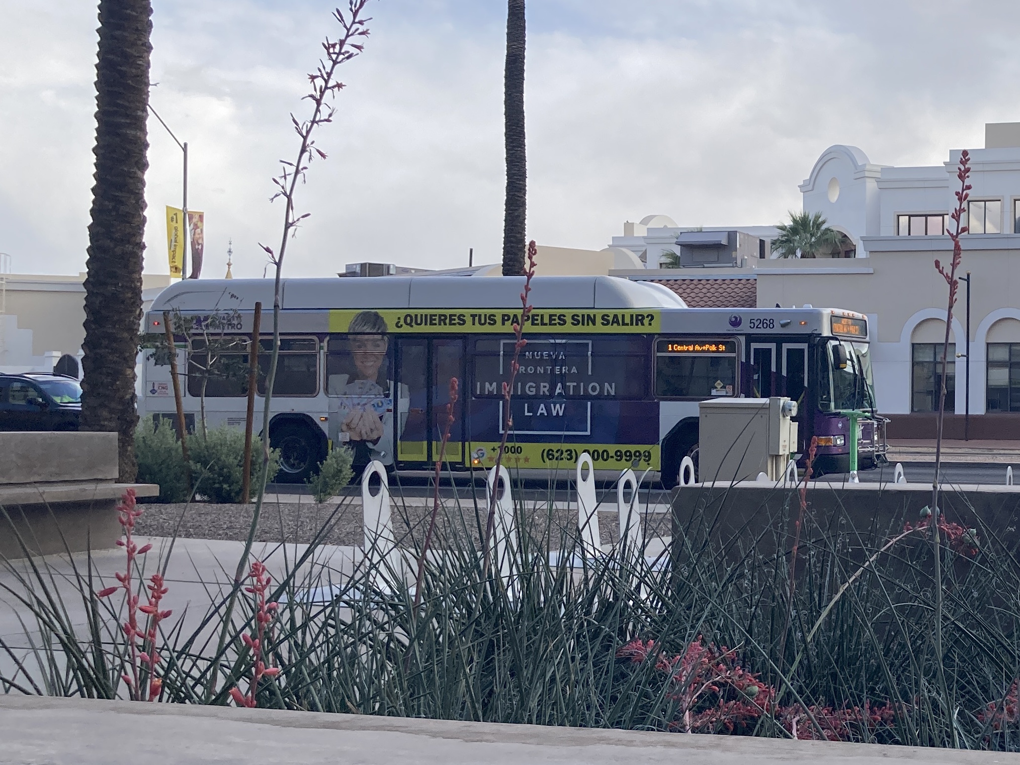 A white and gray Valley Metro bus, with purple and green accent colors, number 5268, traveling westbound on Van Buren Street in Phoenix on route 1 to Central Avenue and Polk Street