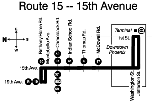 Map showing bus route 15 traveling from Downtown Phoenix to Bethany Home Road and 17th Avenue.