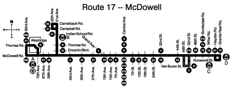 Map showing bus route 17 traveling from Desert Sky Mall to McDowell Road and Granite Reef Road.