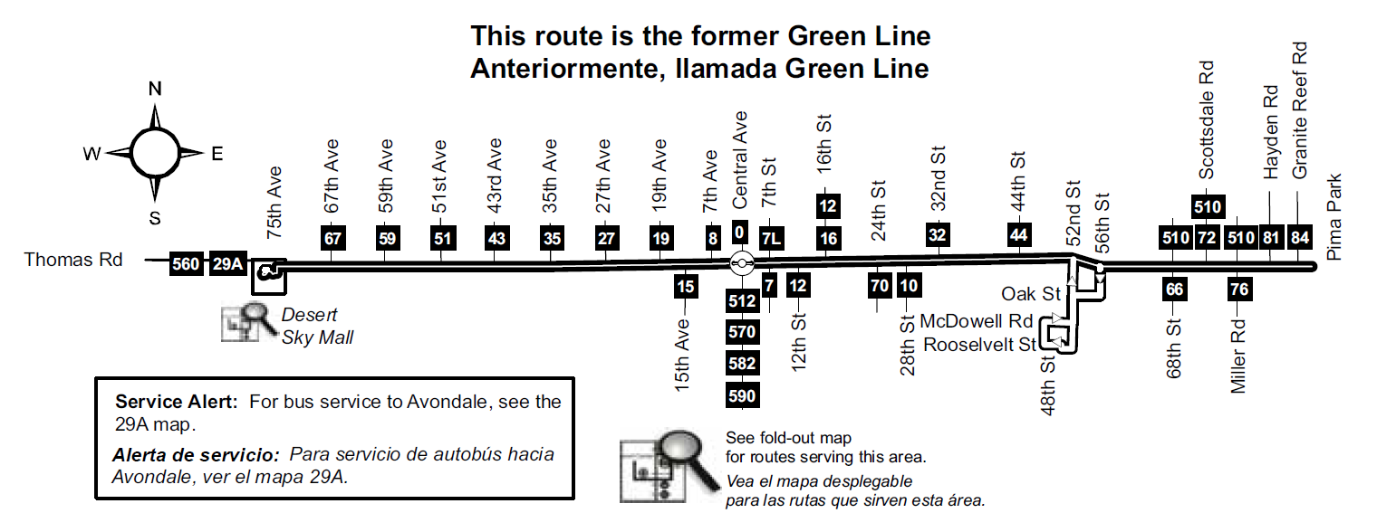 Map showing bus route 29 traveling from Desert Sky Mall to Pima Park.