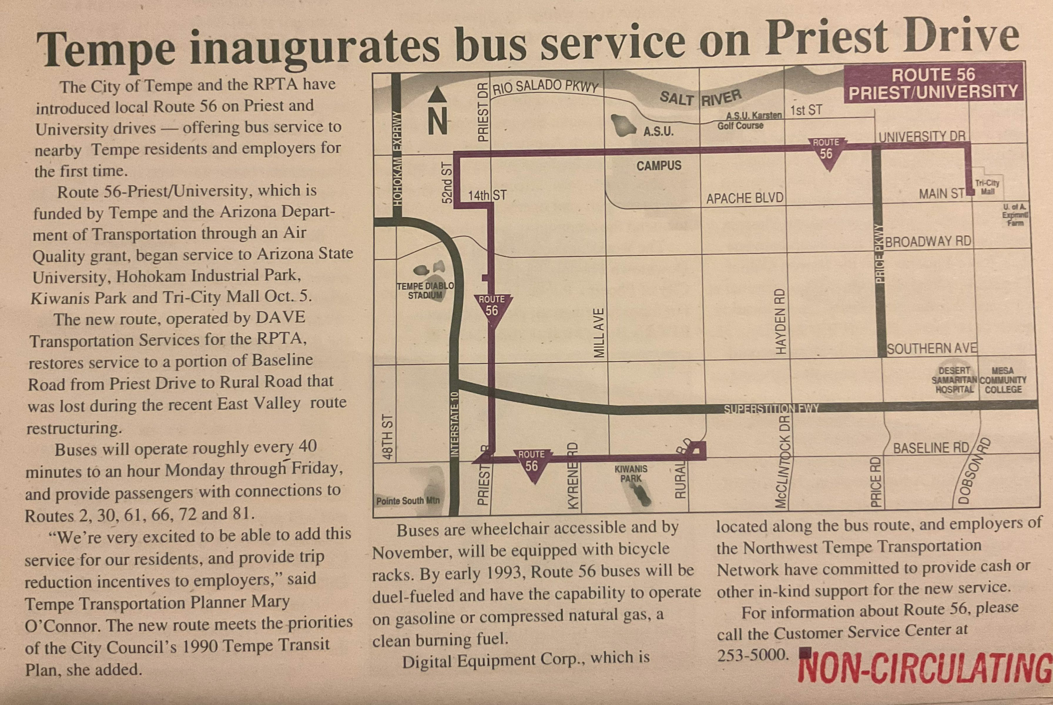 Map showing bus route 56 traveling from Baseline Road and Rural Road to Tri-City Mall.
