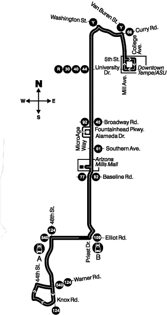Map showing bus route 56 traveling from 48th Street and Warner Road to Downtown Tempe.