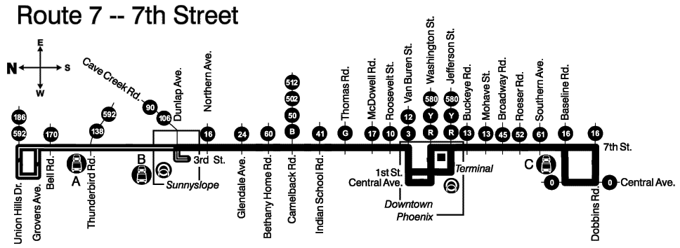 Map showing bus route 7 traveling from Central Avenue and Dobbins Road to 7th Street and Union Hills Drive.