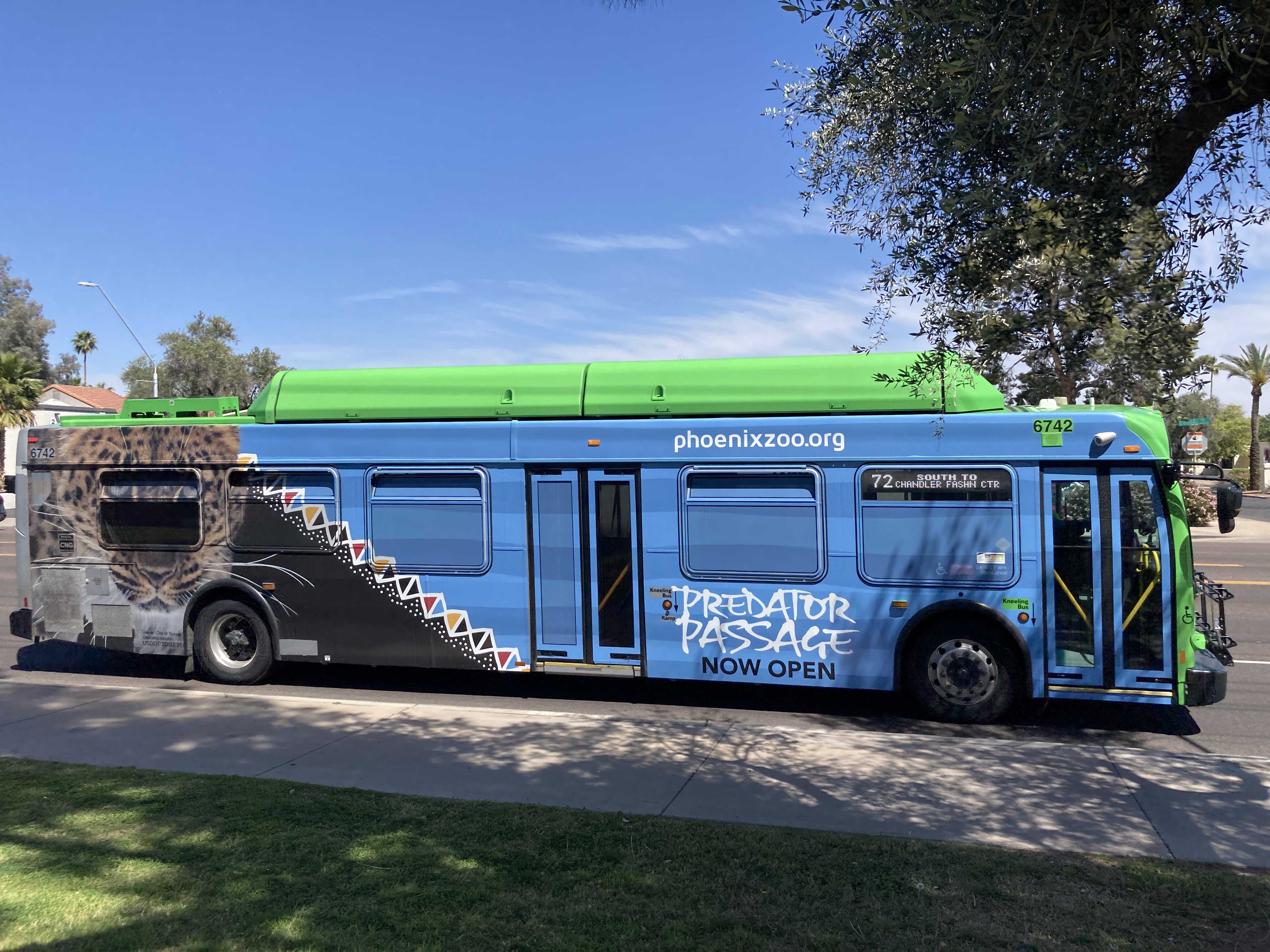 A green Valley Metro bus, number 6742, traveling southbound on Rural Road in Tempe on route 72 to Chandler Fashion Center