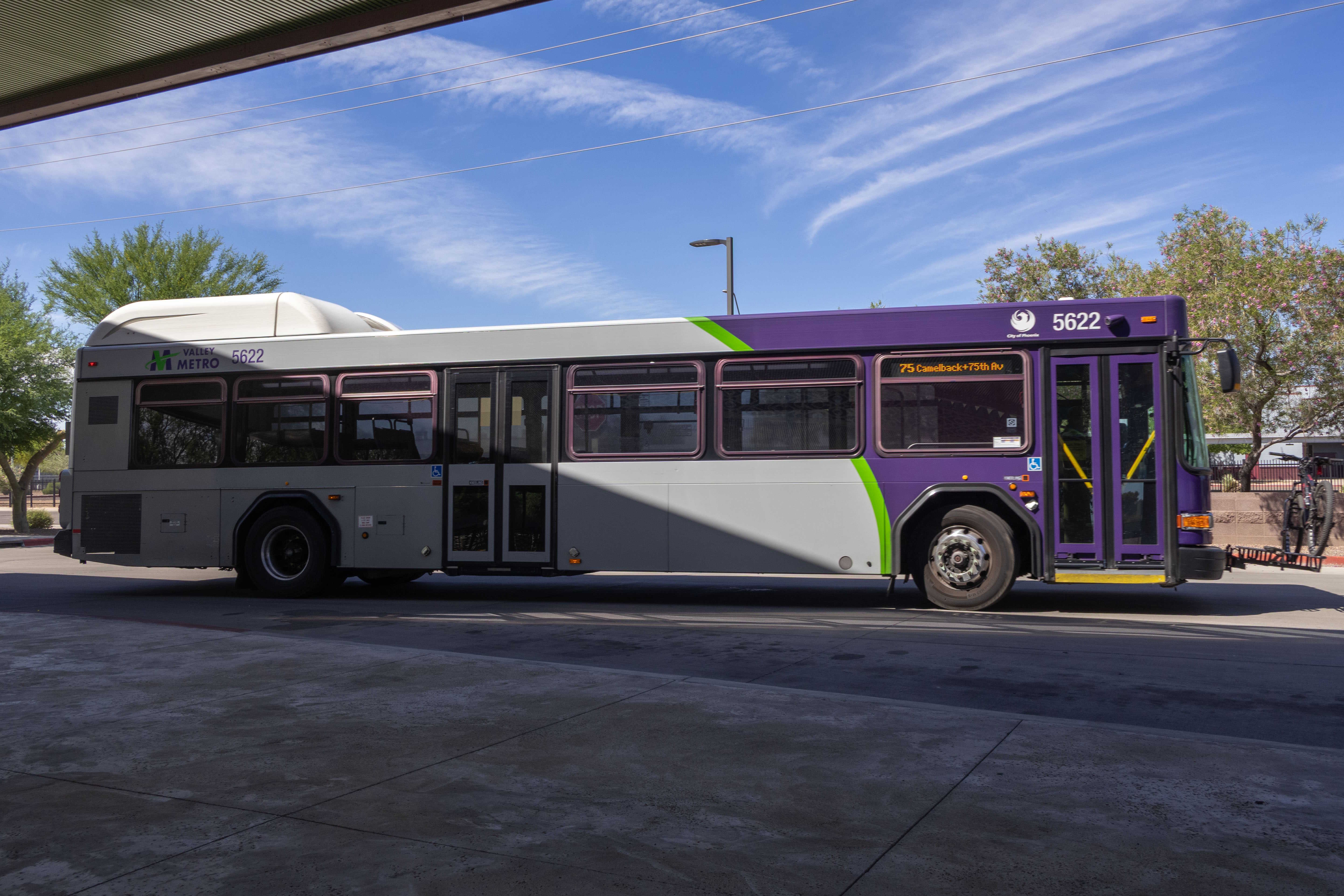 A purple and gray Valley Metro bus, number 5622, at Desert Sky Transit Center in Phoenix on route 75 to 75th Avenue and Camelback Road