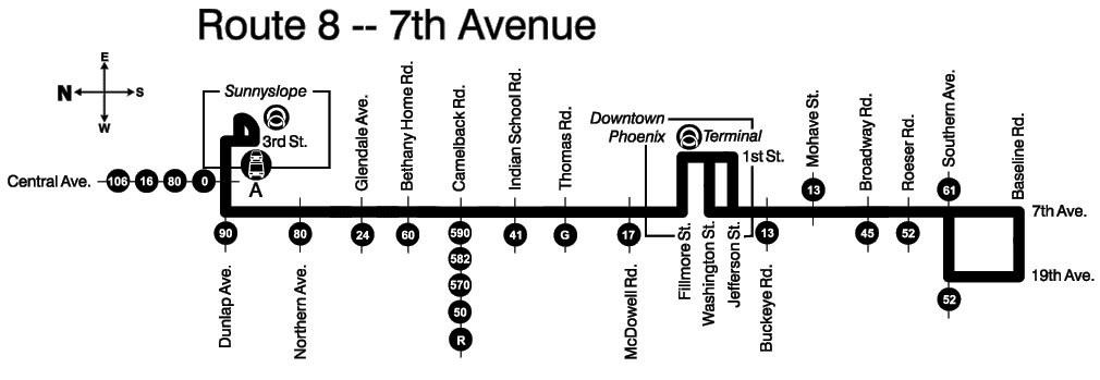 Map showing bus route 8 traveling from 19th Avenue and Southern Avenue to Sunnyslope Transit Center.