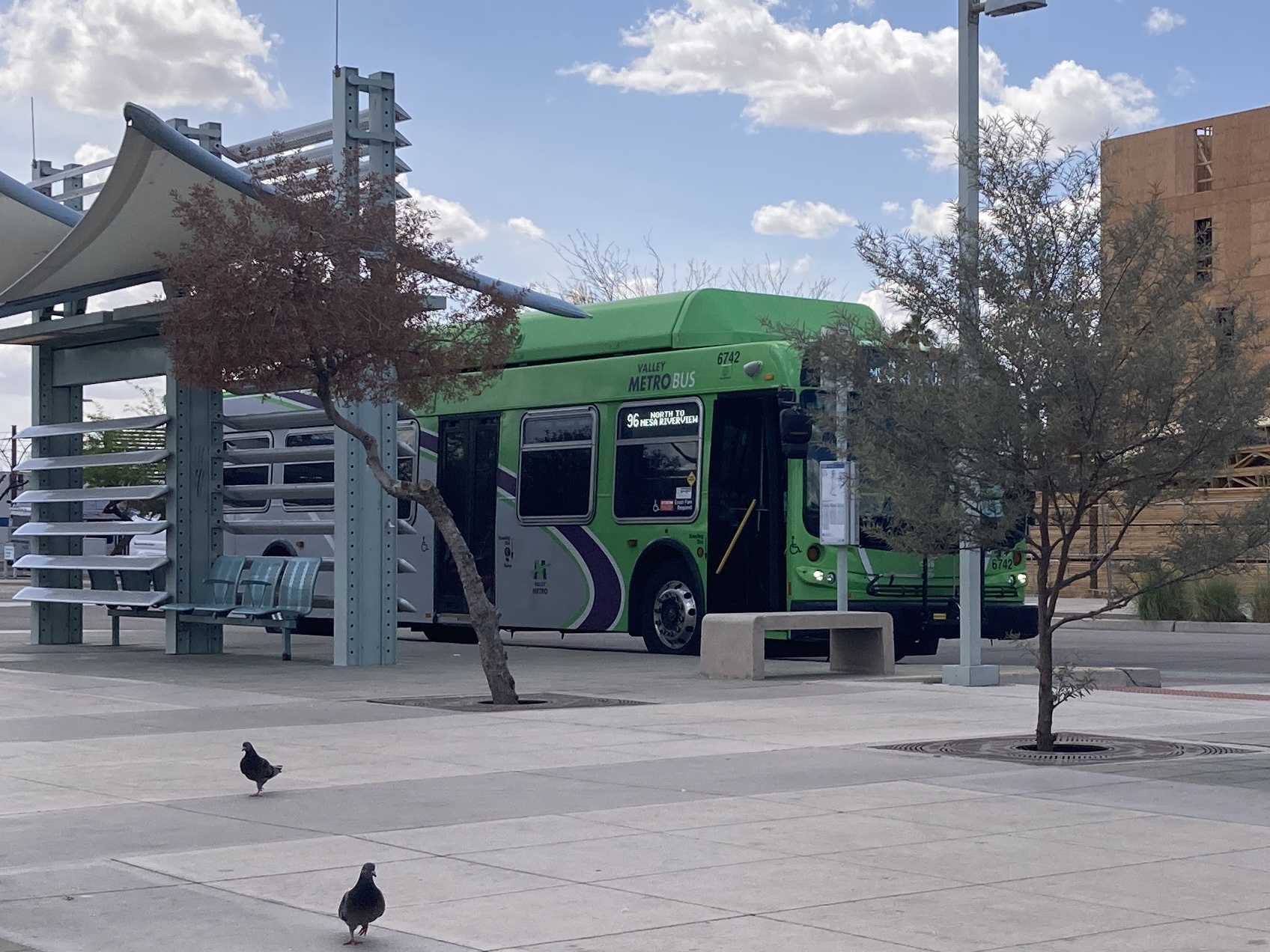 A gray and green Valley Metro bus, number 6742, at Sycamore / Main Street Transit Center in Mesa on route 96 to Mesa Riverview