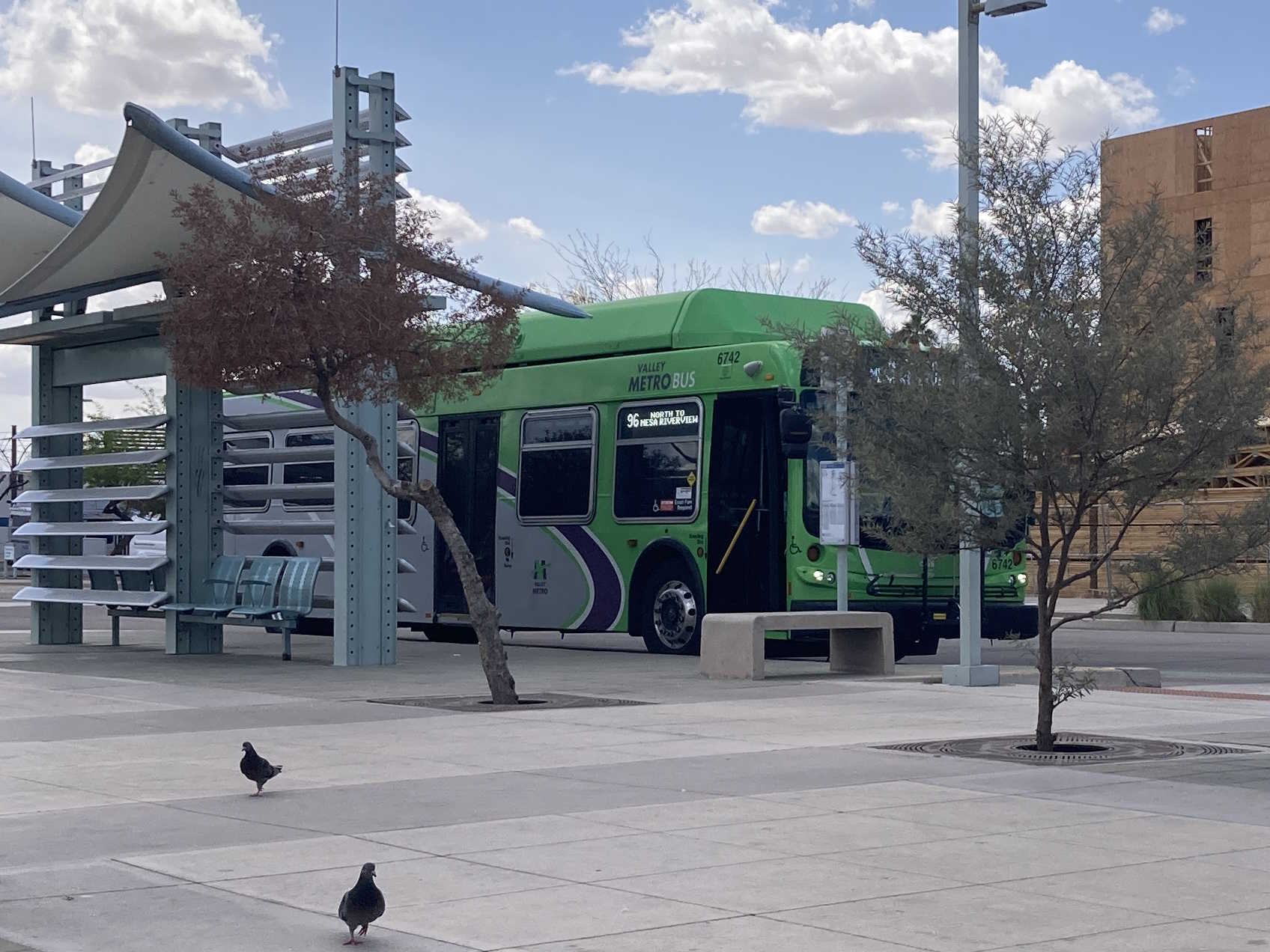 A gray and green Valley Metro bus, number 6742, at Sycamore / Main Street Transit Center in Mesa on route 96 to Mesa Riverview