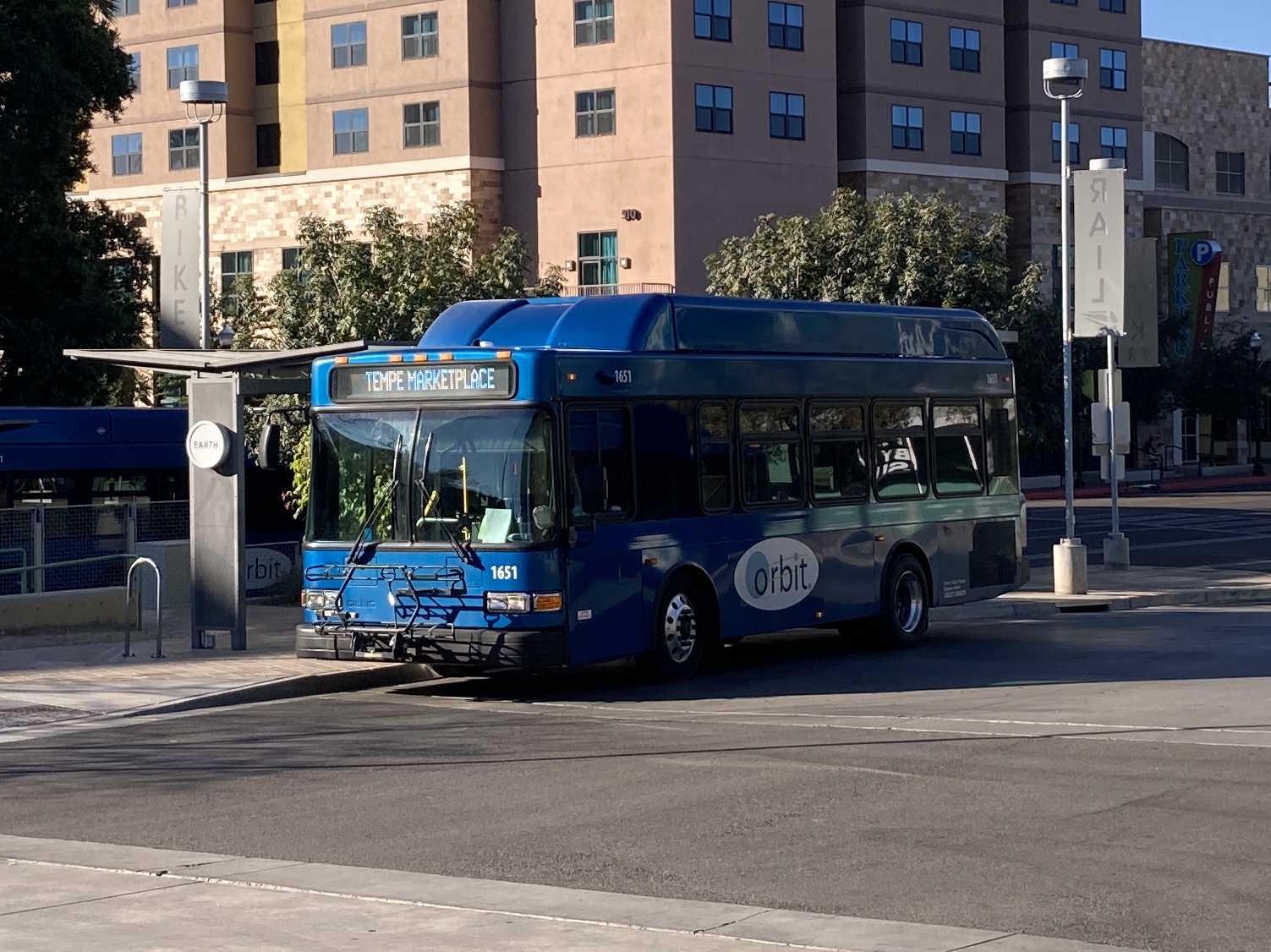 A blue Orbit bus, number 1651, at Tempe Transportation Center on the Earth route to Tempe Marketplace