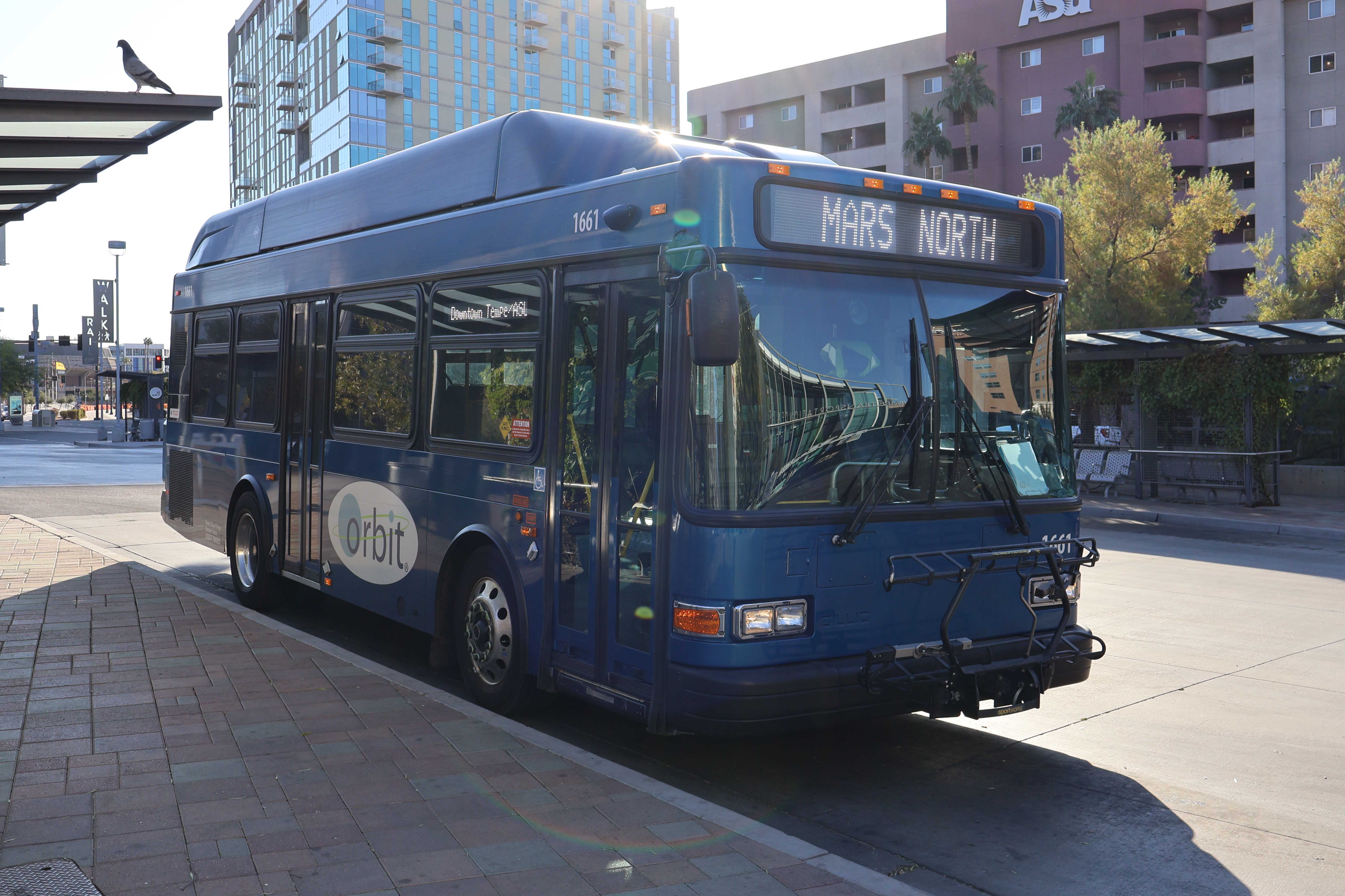 A blue Orbit bus, number 1661, at Tempe Transportation Center on the Mars route to Tempe Transportation Center