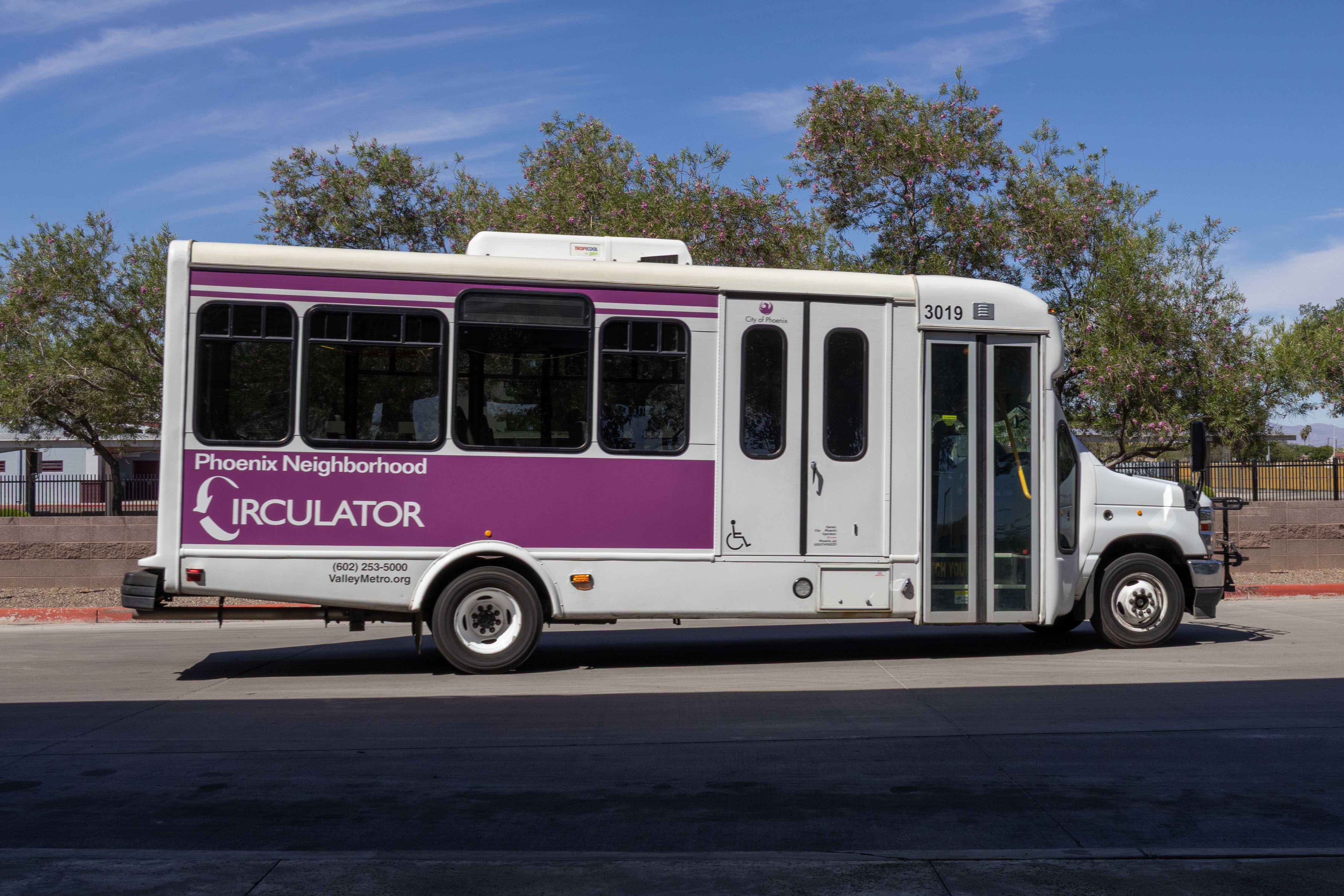 A white and purple Phoenix Neighborhood Circulator minibus, number 3019, at Desert Sky Transit Center in Phoenix on the MARY route to Desert Sky Transit Center