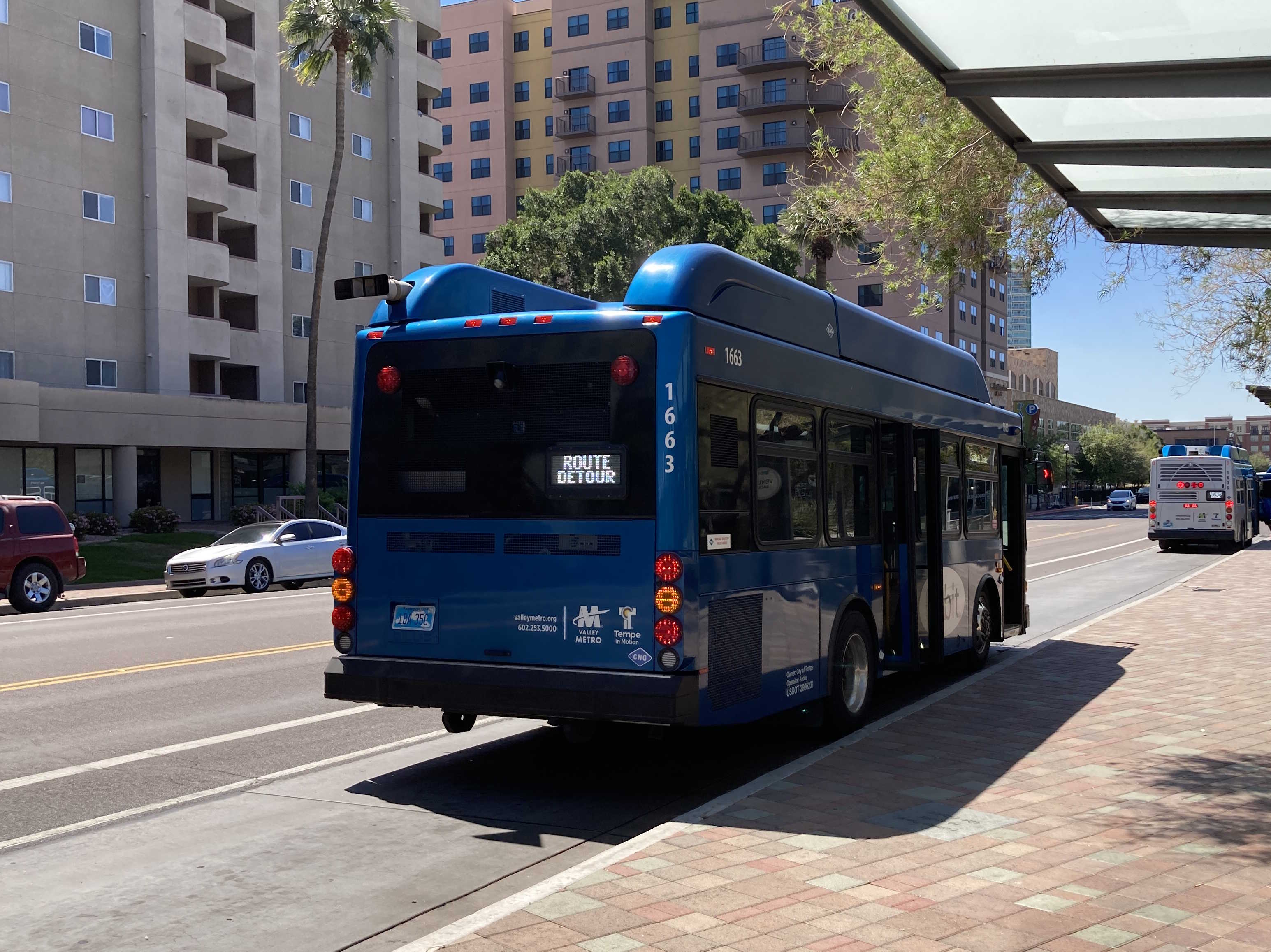 A blue Orbit bus, number 1663, at Tempe Transportation Center on the Mercury route to Escalante Community Center