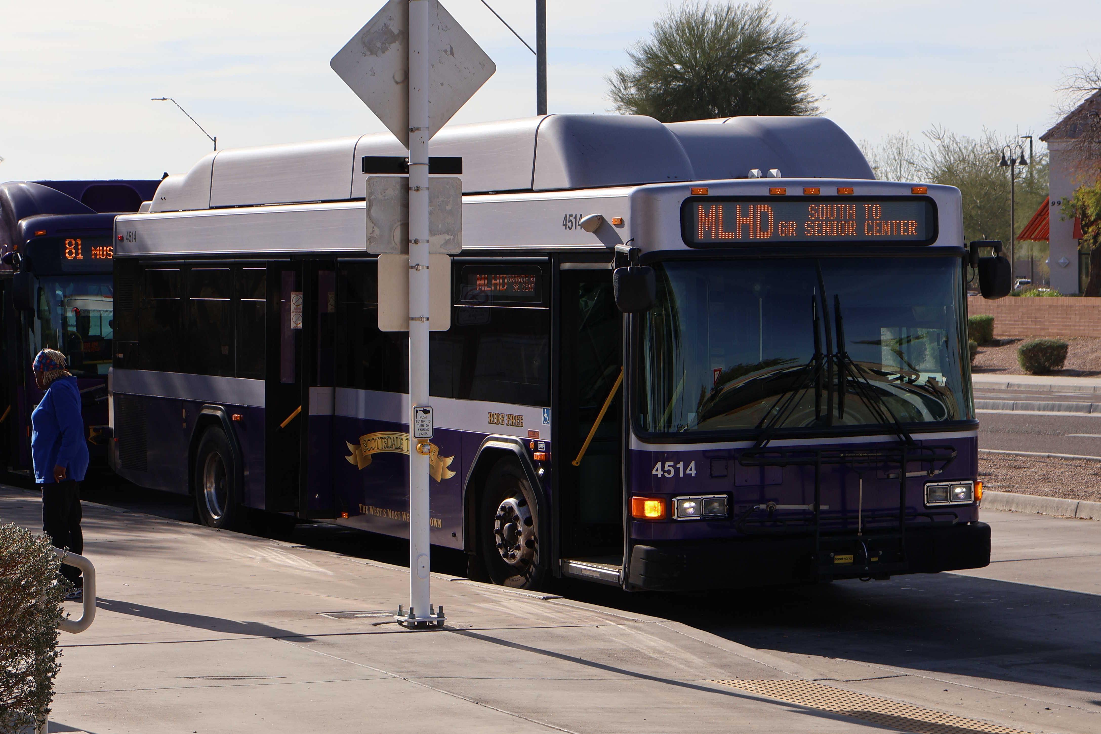 A purple and silver Scottsdale Trolley bus, number 4514, at Mustang Transit Center on the Miller/Hayden Trolley route to Granite Reef Senior Center