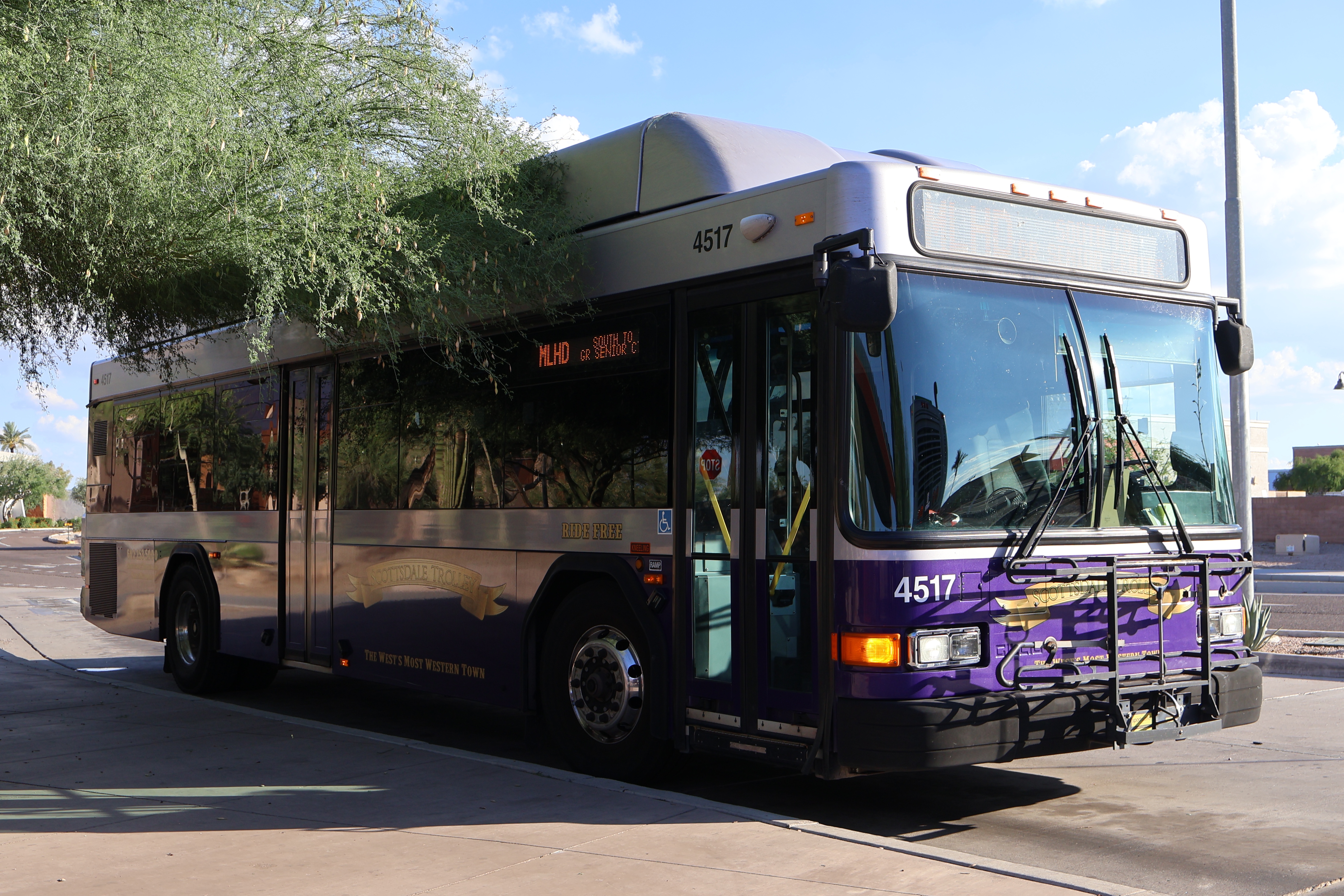 A purple and silver Scottsdale Trolley bus, number 4517, at Mustang Transit Center on the Miller/Hayden Trolley route to Granite Reef Senior Center