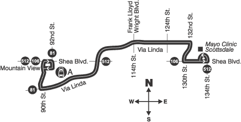 Map showing route 114 traveling from 90th Street and Shea Boulevard to Mayo Clinic Scottsdale.