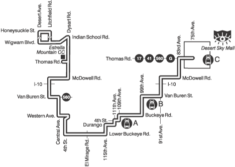 Map showing route 131 traveling from Estrella Mountain Community Center to Avondale Civic Center.