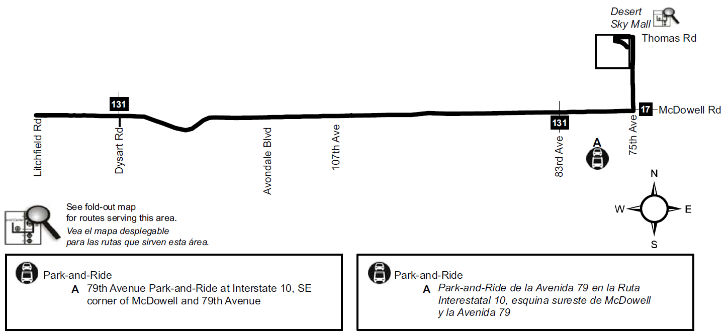 Map showing route 17A traveling from McDowell Road and Litchfield Road to Desert Sky Transit Center.