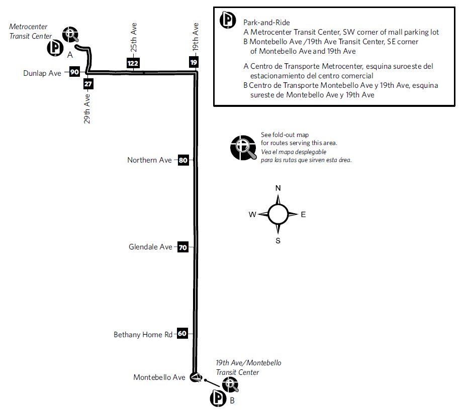 Map showing route 19C traveling from 19th Avenue and Montebello Avenue to Metrocenter Transit Center.