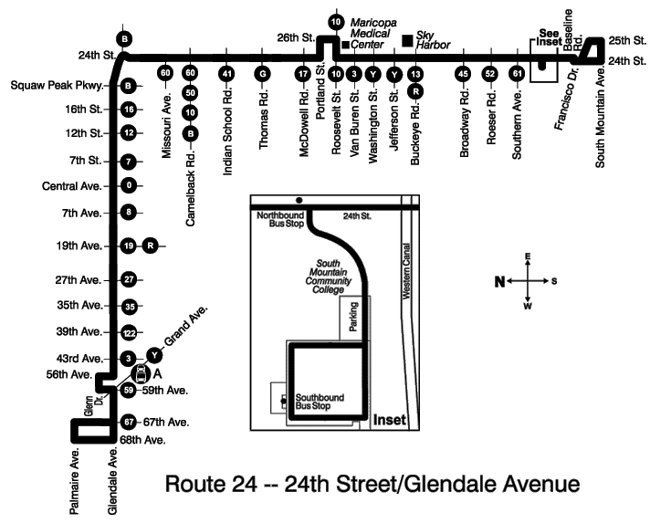 Map showing route 24 traveling from South Mountain Community College to Glendale Avenue and 67th Avenue.