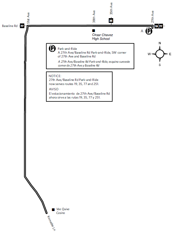 Map showing route 251 traveling from Vee Quiva Casino to 27th Avenue and Baseline Park and Ride.