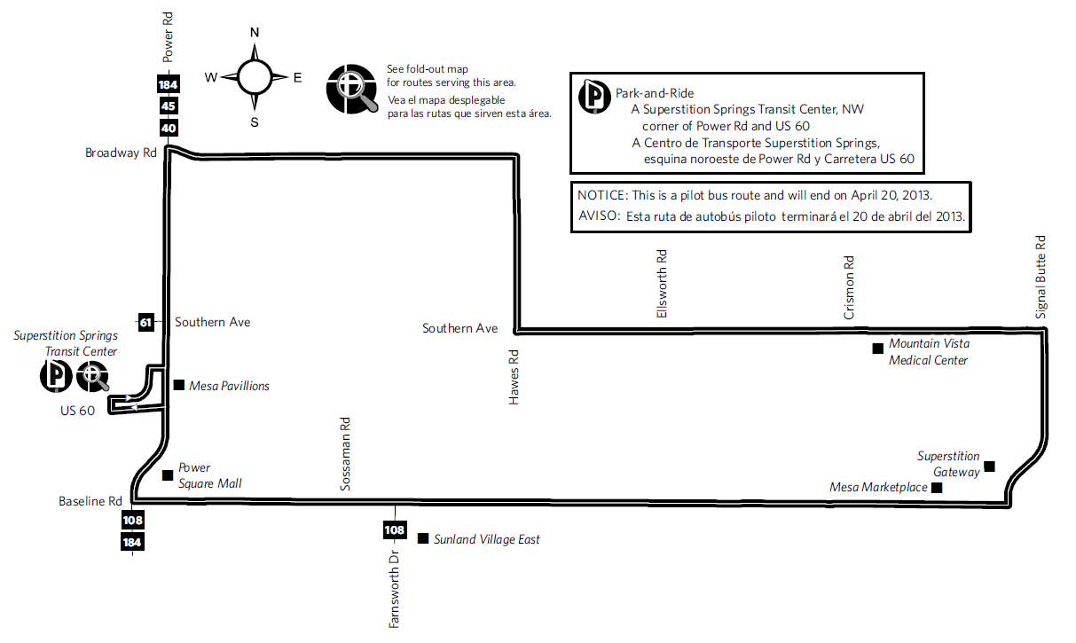 Map showing route 277 traveling in a loop from Superstition Springs Transit Center.