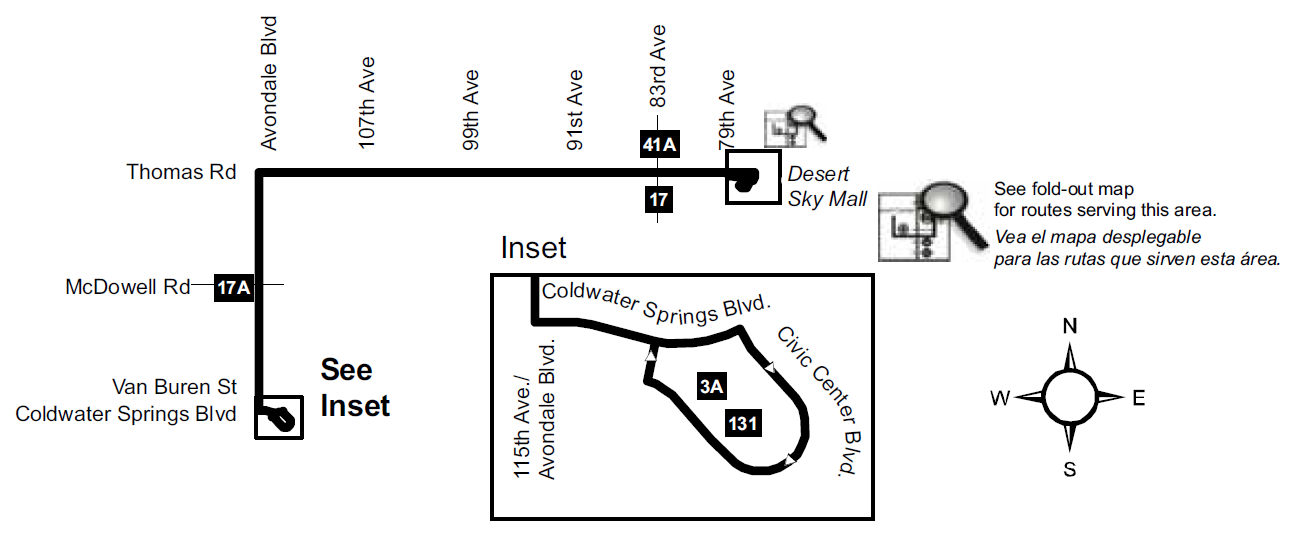 Map showing route 29A traveling from Avondale Civic Center to Desert Sky Mall Transit Center.