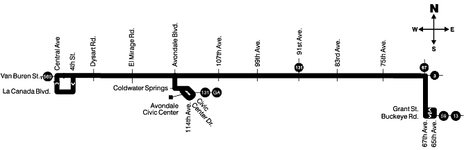 Map showing route 3A traveling from La Canada Boulevard and 4th Street to 65th Avenue and Grant Street.