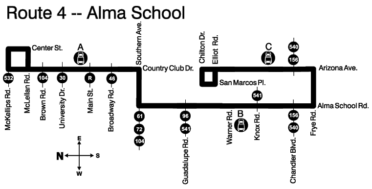 Map showing route 4 traveling from Chilton Drive and San Marcos Place to Center Street and McKellips Road.