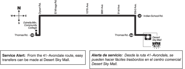 Map showing route 41A traveling from Estrella Mountain Community Center to Desert Sky Mall Transit Center.