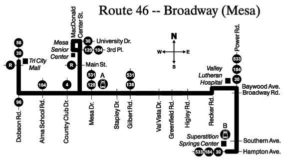 Map showing route 46 traveling from Tri-City Mall to Superstition Springs Transit Center.