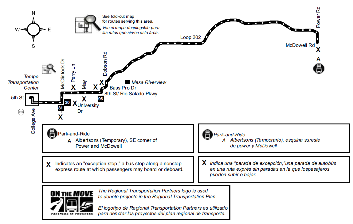 Map showing route 536 traveling from Tempe Transportation Center to Power Road and McDowell Road.