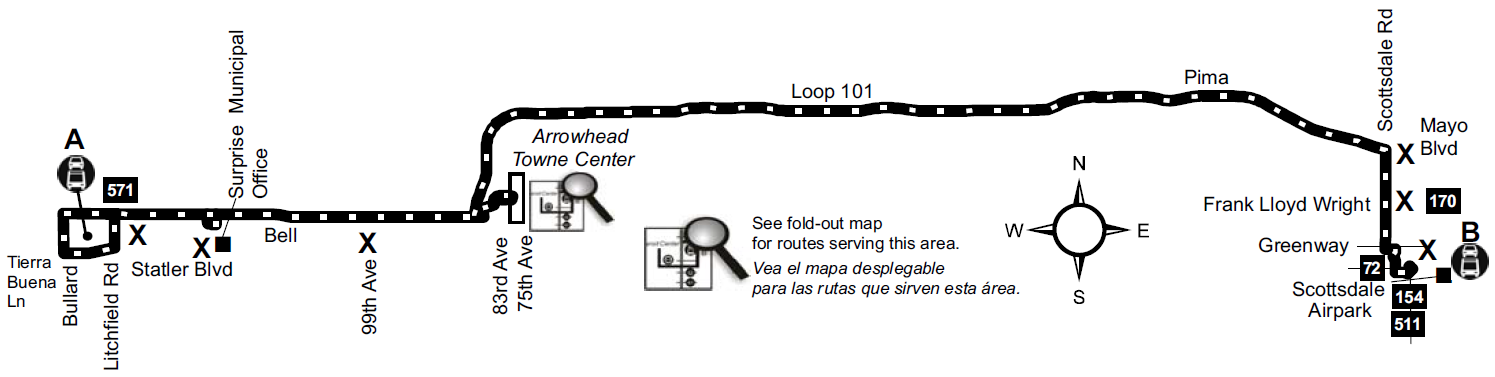 Map showing route 572 traveling from Surprise Aquatic Center to Scottsdale Airpark.