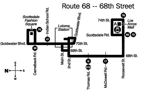 Map showing route 68 traveling from Los Arcos Mall to Scottsdale Fashion Square.