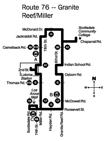 Map showing route 76 traveling in a loop from Scottsdale Road and McDowell Road.