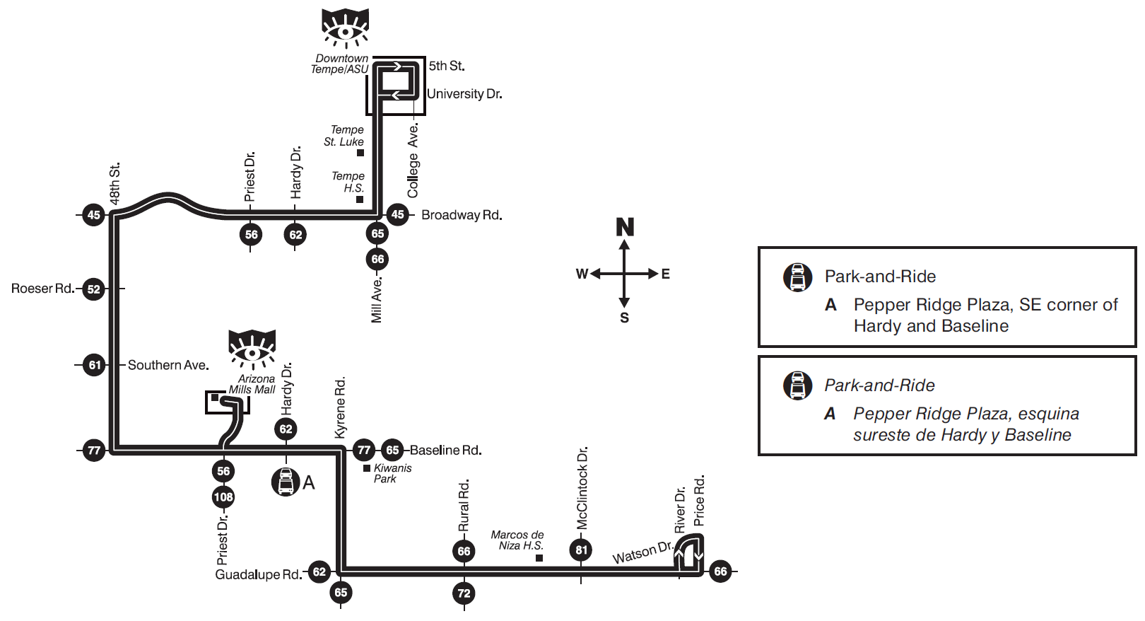 Map showing route 92 traveling from Guadalupe Rd & Price Rd to Tempe Transportation Center.