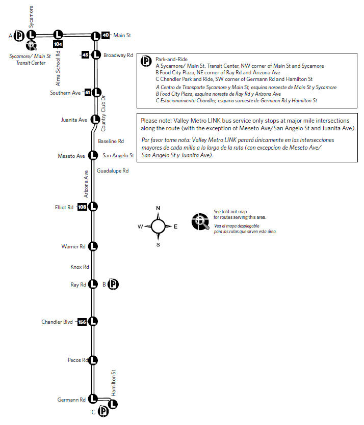 Map showing the Arizona Avenue / Country Club Drive LINK traveling from Chandler Park and Ride to Sycamore / Main Street Transit Center.