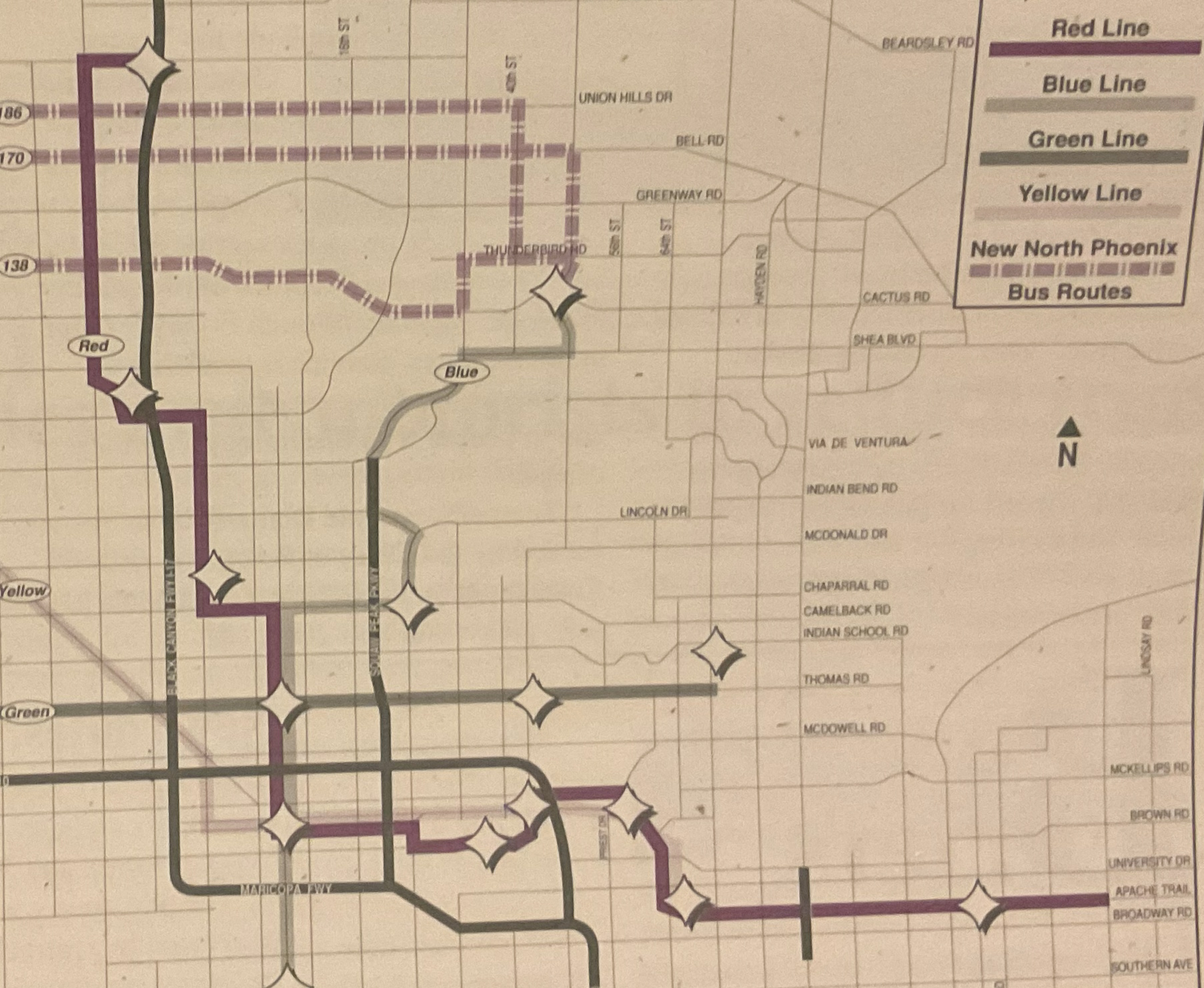 Map showing the Red Line traveling from 29th Avenue and Beardlsey Road to Gilbert Road and University Drive.
