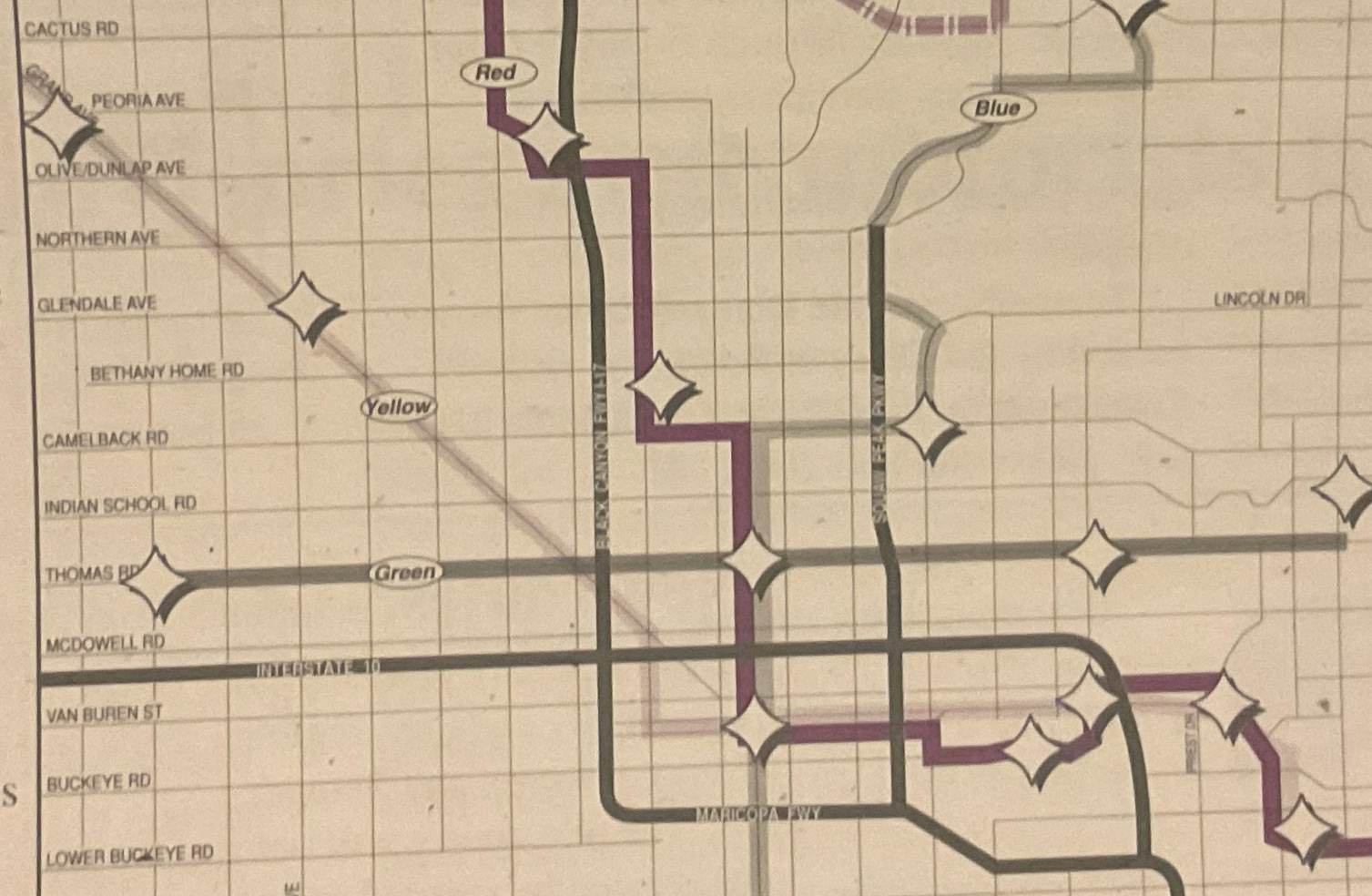 Map showing the Yellow Line traveling from past Peoria Community Center to Downtown Tempe.