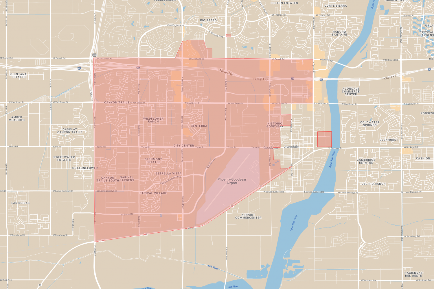 Map showing the service area of WeRIDE in Goodyear in 2022