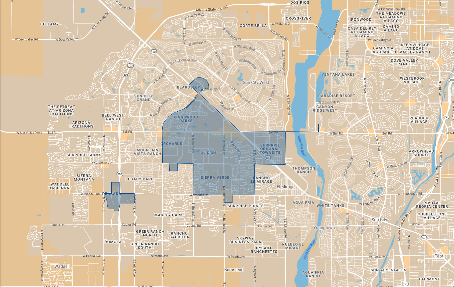 Map showing the service area of WeRIDE in Surprise in 2023