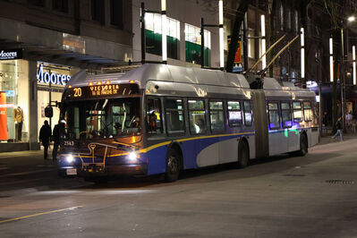 Bus 2543
1/5/2025 - Bus 2543 on route 20
Keywords: TransLink Route 20;Trolleybus;New Flyer